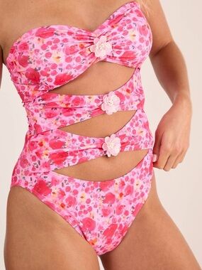 Nasty Gal Floral Trim Cut Out Bandeau One Piece Swimsuit NWT US 6 Small